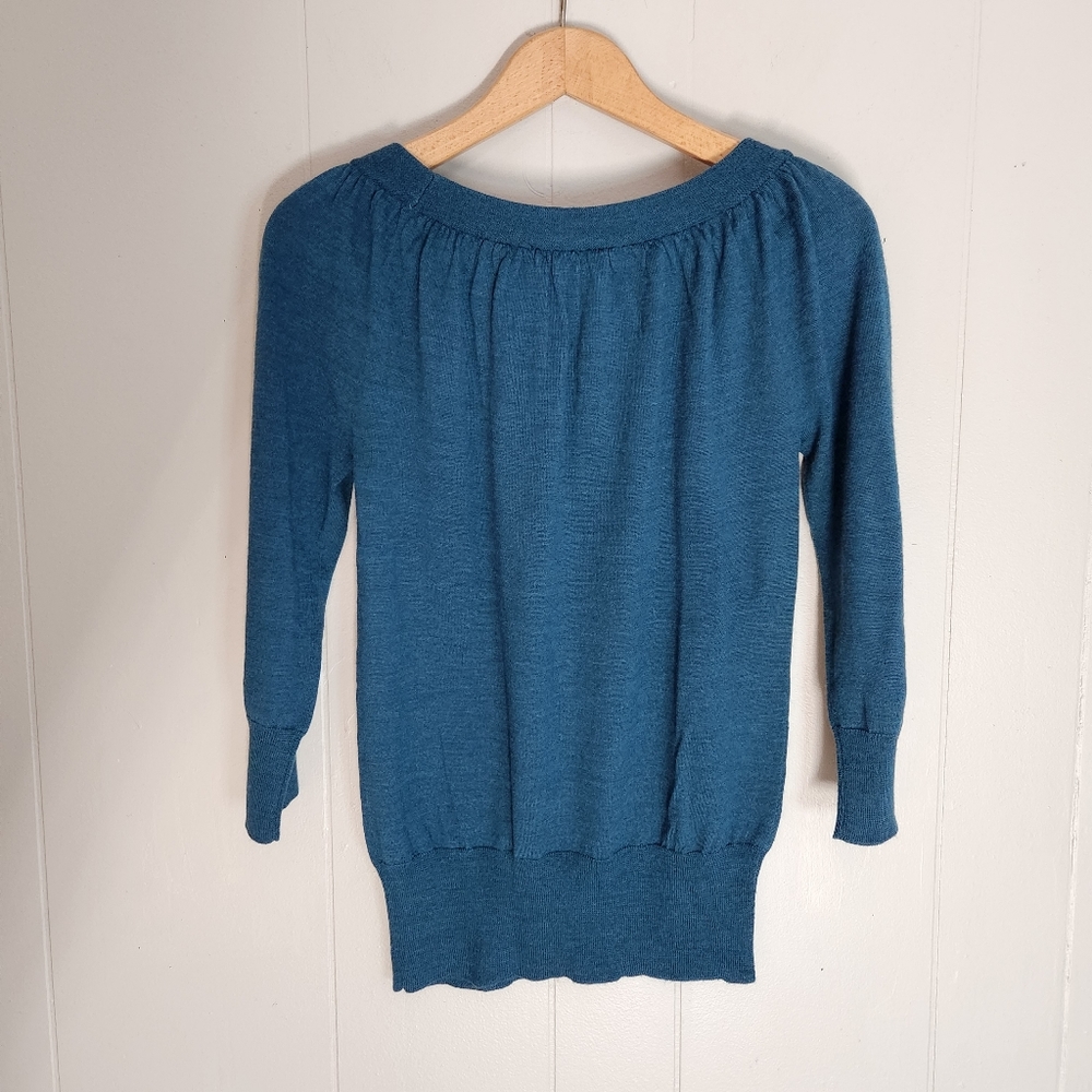 The Limited gathered scoop neck sweater teal green merino wool blend M - Picture 4 of 11
